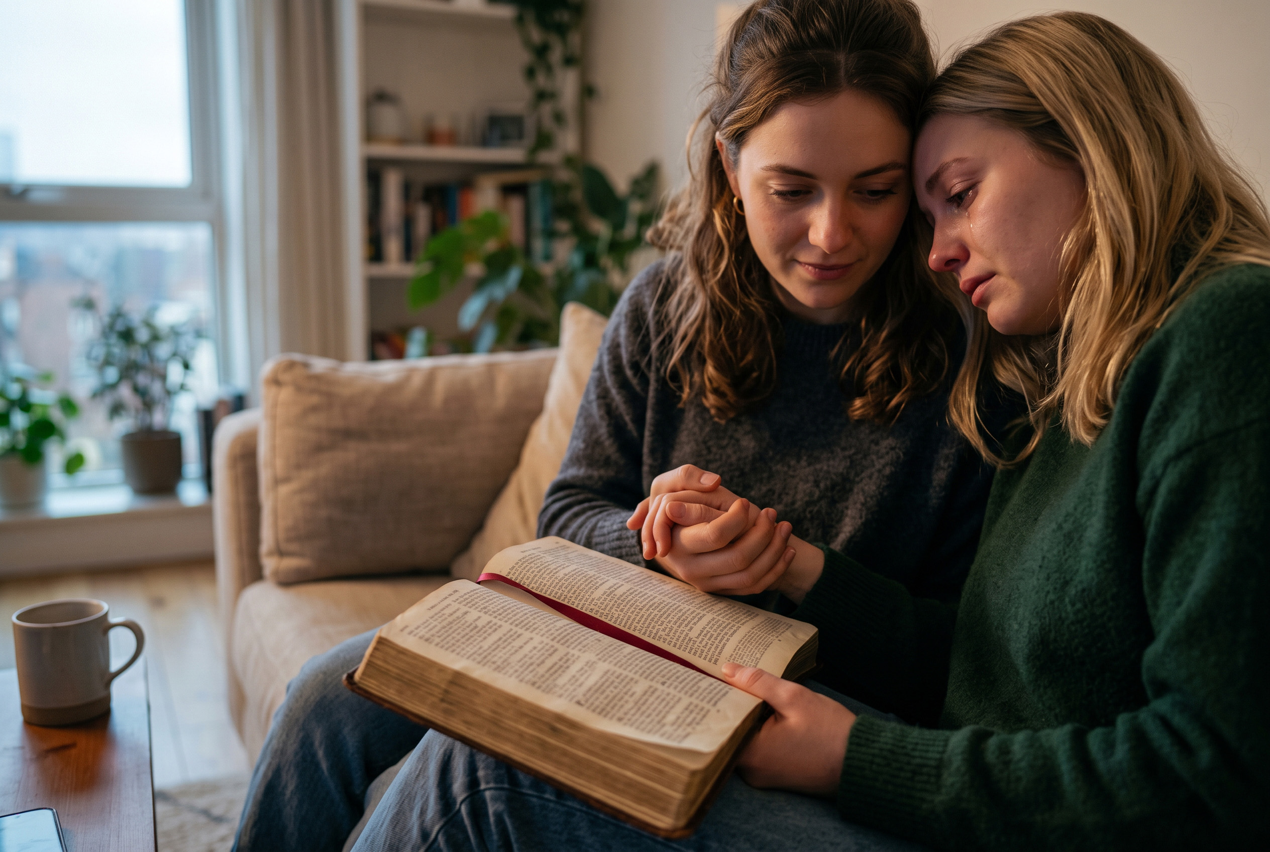 cytaty z Biblii na pocieszenie po rozstaniu — kobieta pociesza zapłakaną przyjaciółkę, dłonie złożone na otwartej Biblii