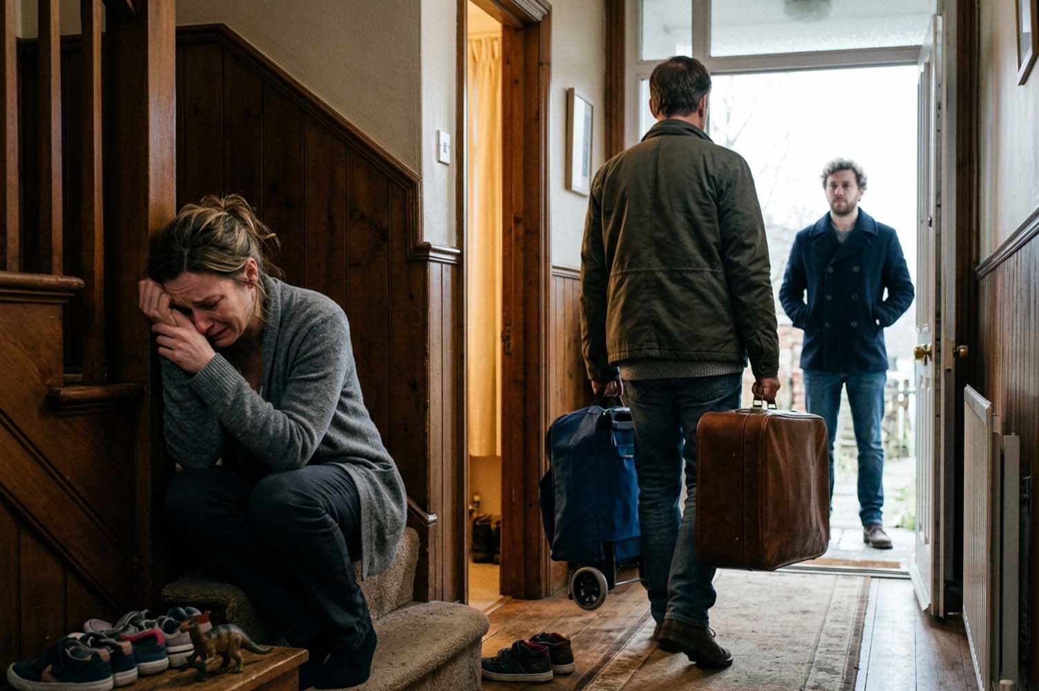 Partner odszedł do innego mężczyzny – moment odejścia z walizkami partner odszedł do innego mężczyzny – kobieta załamana na schodach, patrząca
