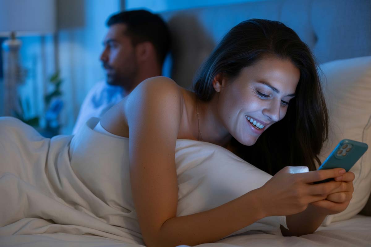 Partner mnie zdradza – kobieta pisze w nocy ukryta przed partnerem Kobieta uśmiecha się do telefonu w nocy podczas gdy partner śpi za jej plecami – sygnały zdrady w związku