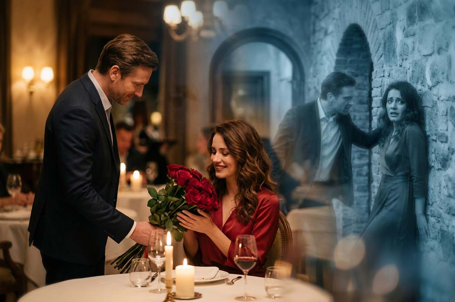 Rozstanie z toksyczną osobą – love bombing i dewaluacja Rozstanie z toksyczną osobą. Mężczyzna wręcza czerwone róże kobiecie przy kolacji przy świecach – w tle widmo sceny dewaluacji w toksycznym związku
