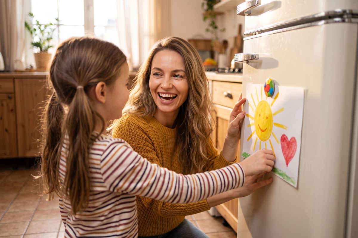 Afirmacje po rozstaniu dla mam – mama z córką przyklejają rysunek na lodówkę