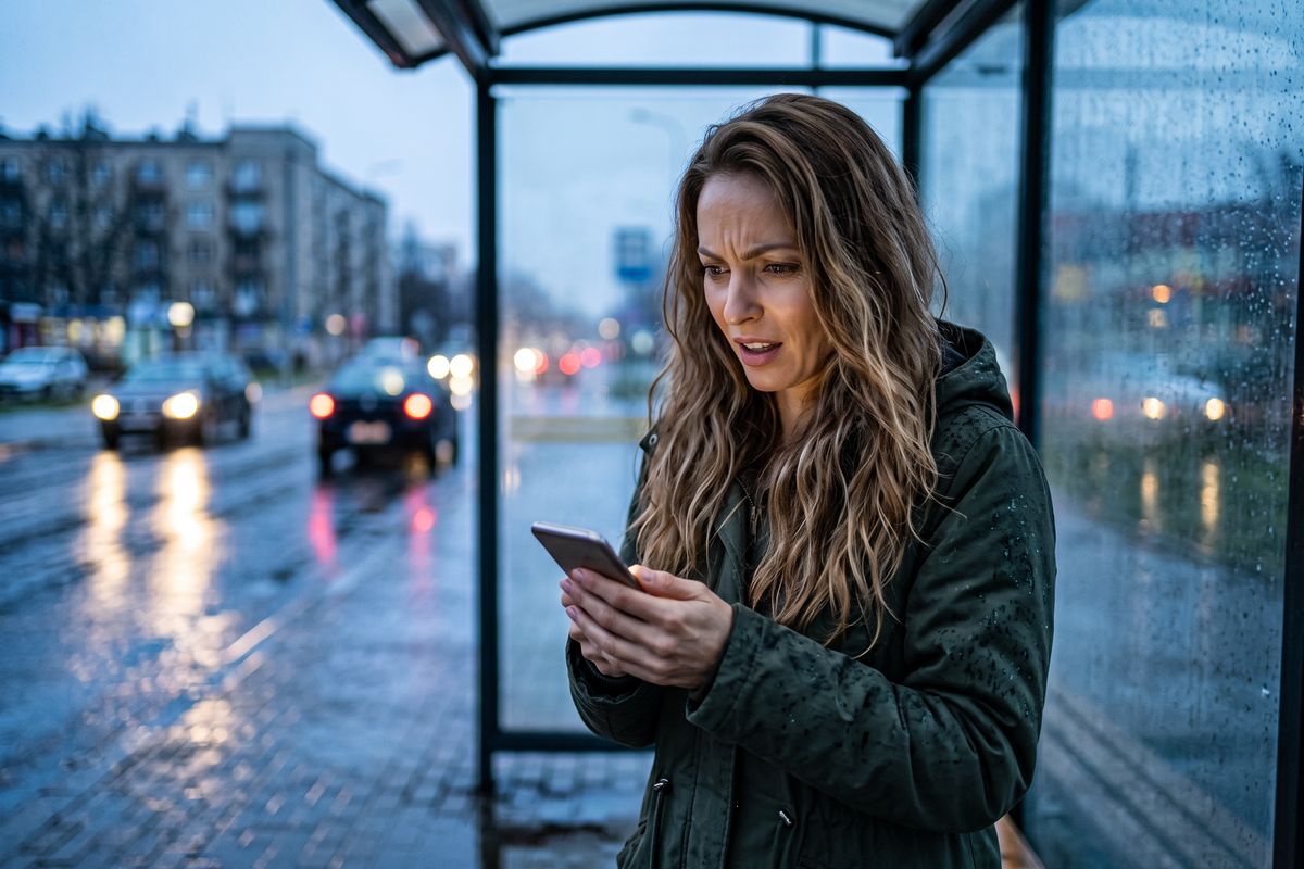 Afirmacje po rozstaniu – kobieta na przystanku z niedowierzaniem patrzy w telefon