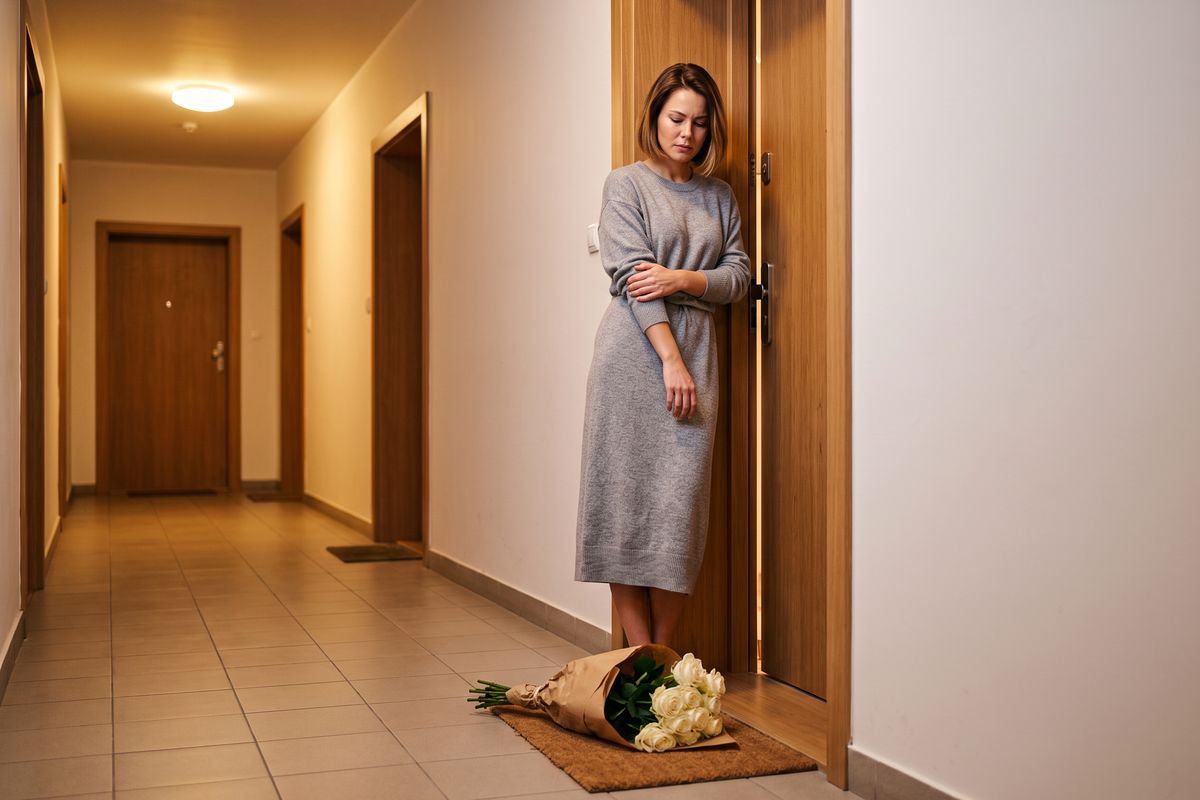 Były żałuje rozstania – kwiaty pod drzwiami Były żałuje rozstania – kobieta patrzy na bukiet róż zostawiony na wycieraczce