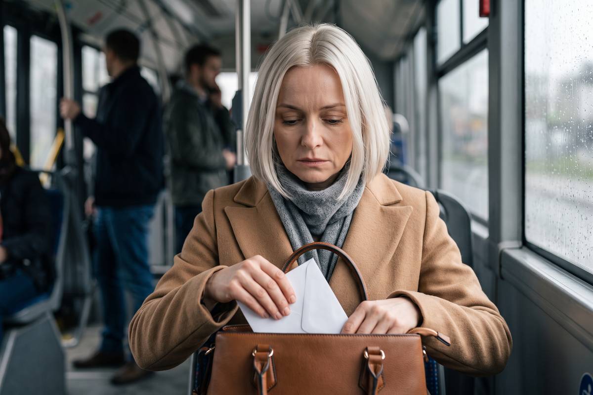 Jak podnieść samoocenę, gdy nie możesz patrzeć na swoje zdjęcie Jak podnieść samoocenę po rozstaniu – kobieta w autobusie chowa kopertę ze zdjęciami do torebki