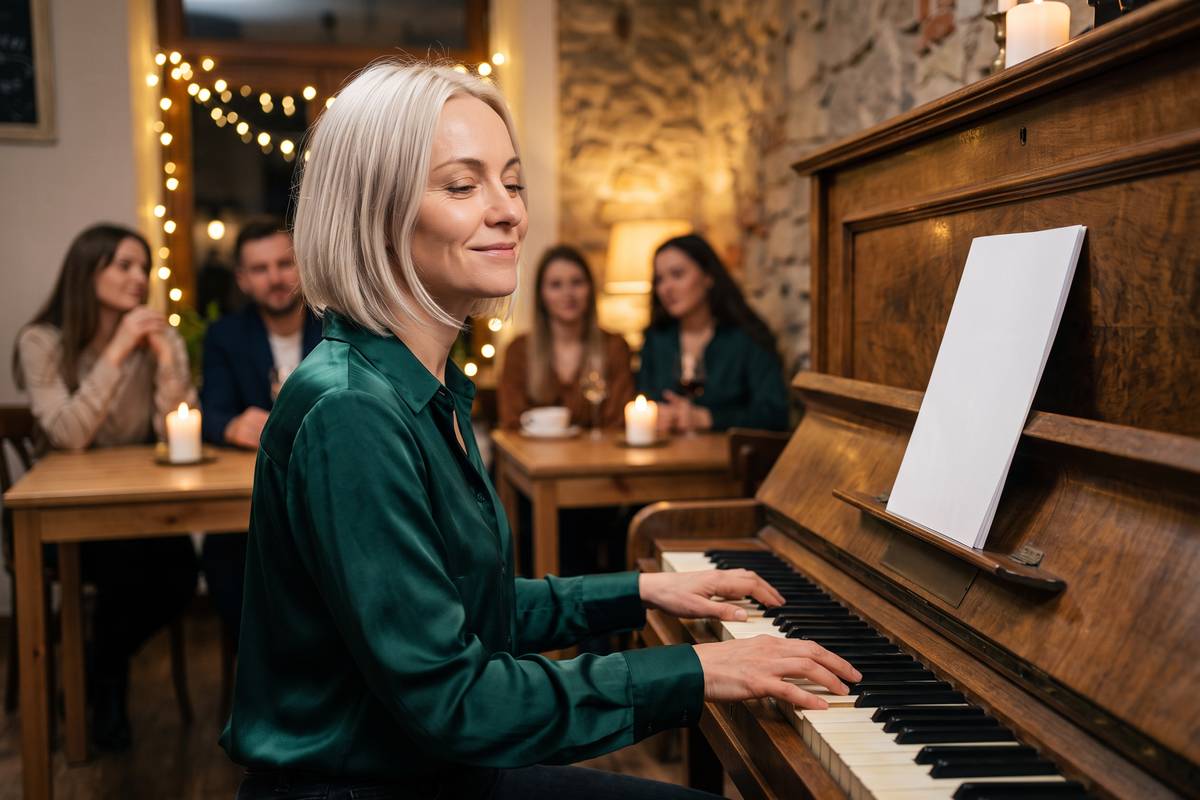 Jak podnieść samoocenę – powrót do pianina Jak podnieść samoocenę po rozstaniu – kobieta gra na pianinie w nastrojowej kawiarni