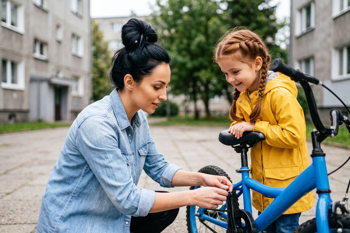 Jak zbudować pewność siebie jako mama – kobieta naprawia córce rower na podwórku