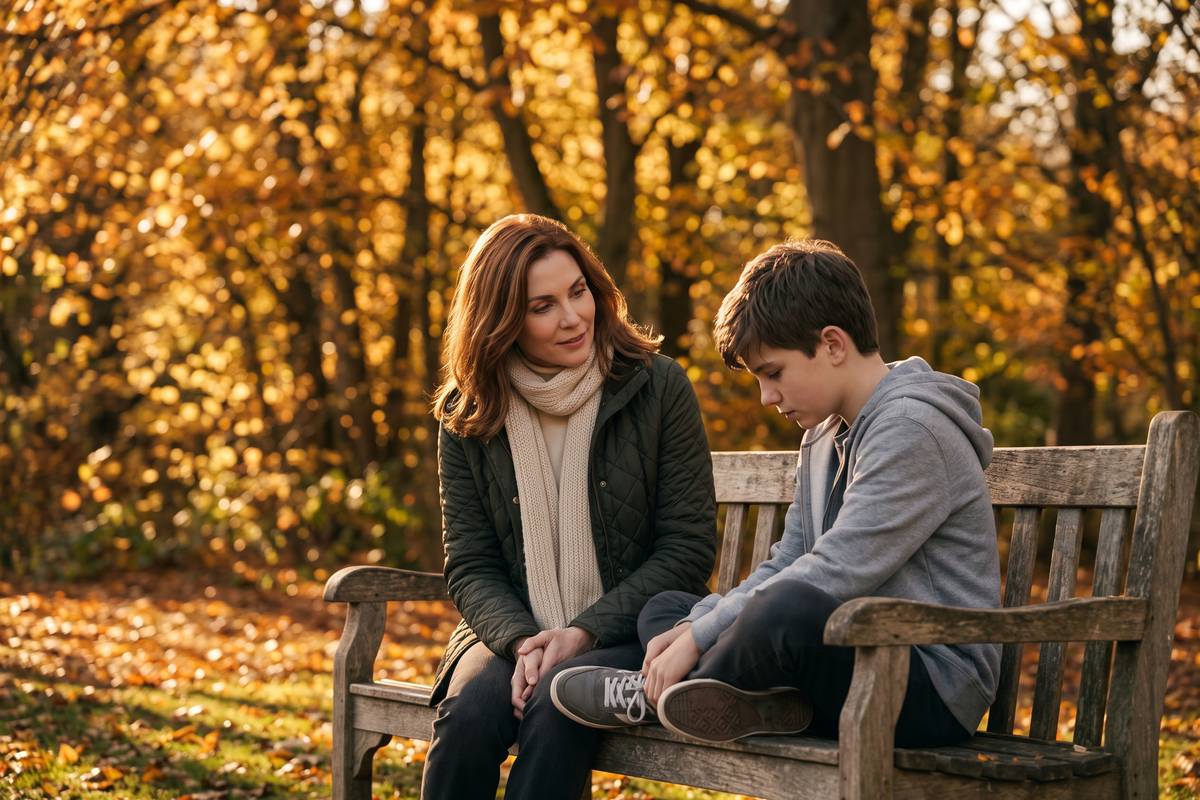Od nowa po rozwodzie – mama rozmawia z nastoletnim synem na ławce w jesiennym parku