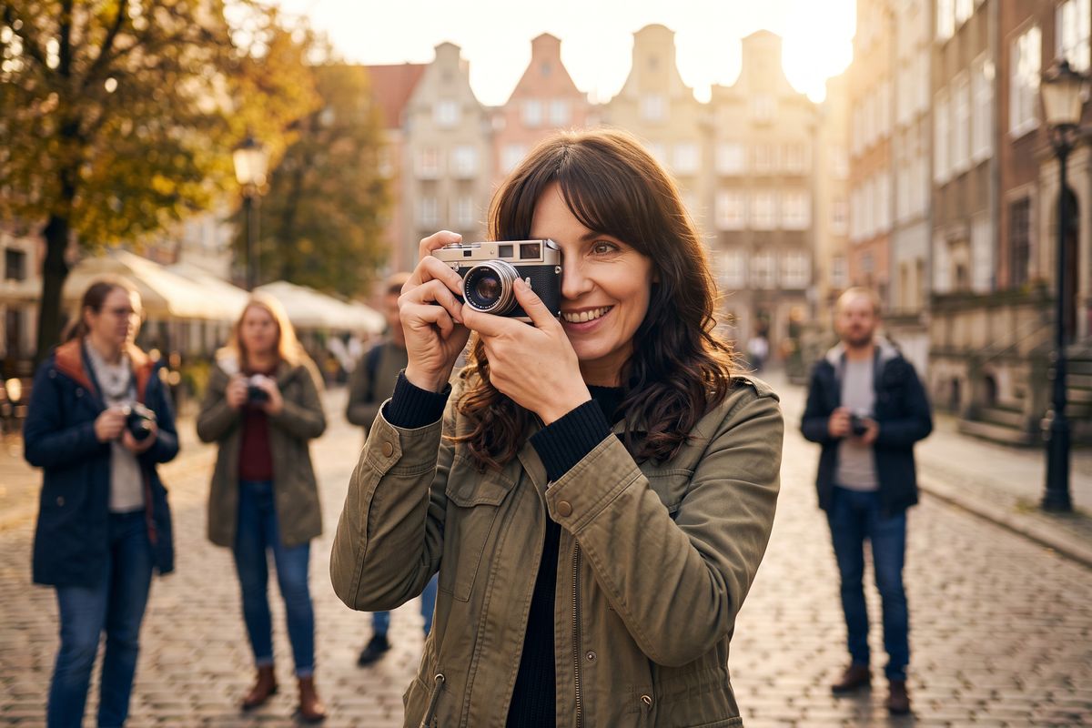 Odpowiedzialność za swoje życie – warsztaty fotograficzne Odpowiedzialność za swoje życie po rozstaniu – kobieta fotografuje analogowym aparatem na gdańskiej starówce