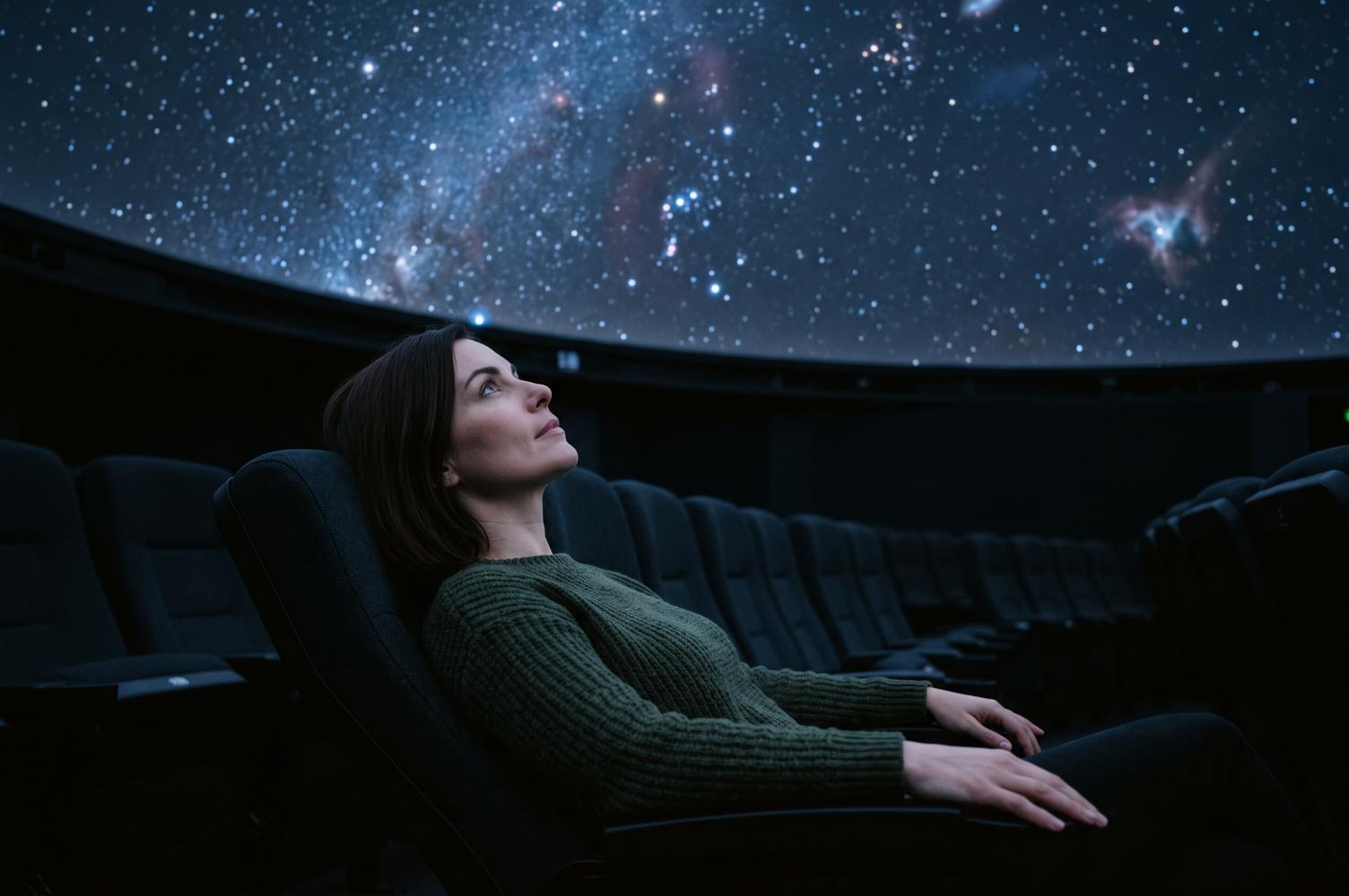 Samodzielność emocjonalna – kobieta sama w planetarium, spokojnie patrzy w rozgwieżdżone niebo