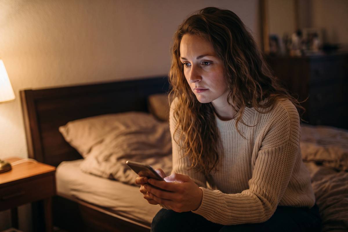 Kobieta siedząca sama na brzegu łóżka, patrząca zamyślona na telefon