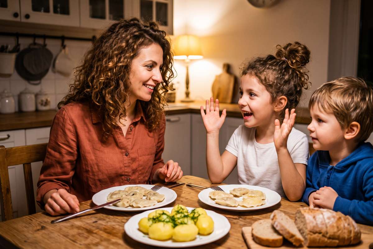 Wdzięczność po rozstaniu – jedna dobra rzecz przy kolacji Wdzięczność po rozstaniu – mama słucha dzieci przy rodzinnej kolacji z pierogami