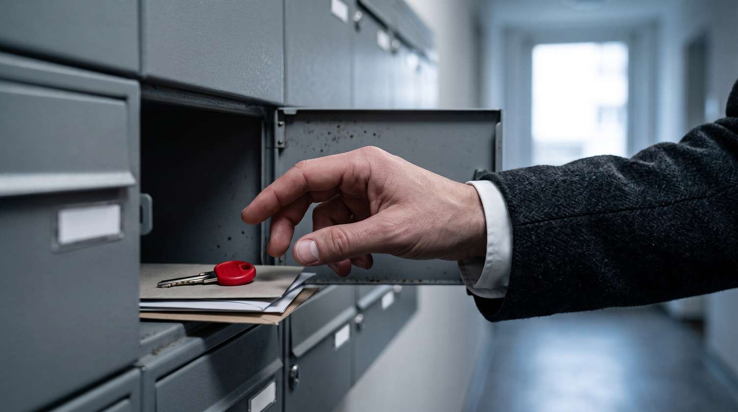 Zdrada żony z najlepszym przyjacielem – oddany klucz w skrzynce Zdrada żony z najlepszym przyjacielem – dłoń sięgająca po klucz z czerwoną nakładką w skrzynce pocztowej
