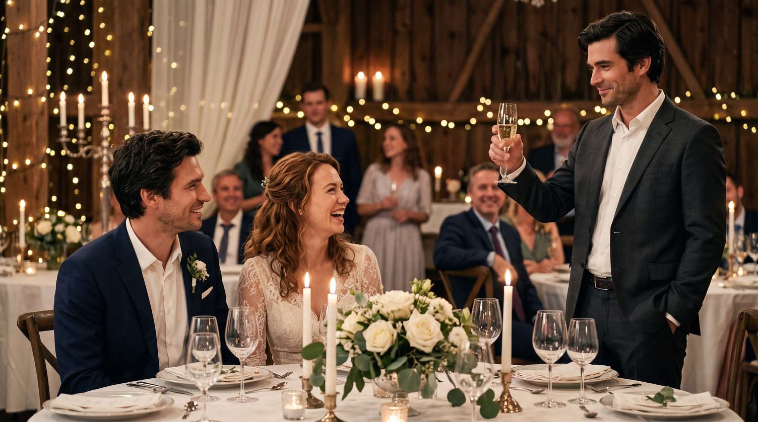 Zdrada żony z najlepszym przyjacielem – toast na weselu Zdrada żony z najlepszym przyjacielem – drużba wznosi toast na weselu, patrząc na pannę młodą