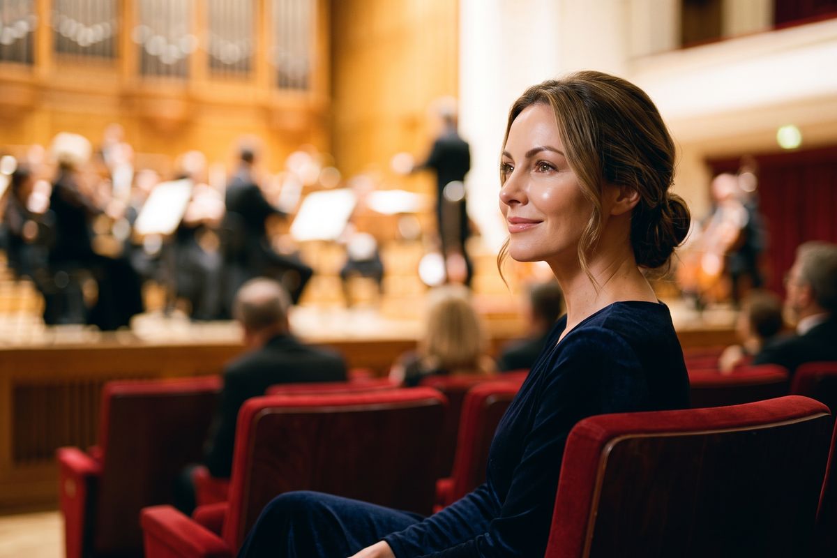 Związek z samą sobą – kobieta sama słucha koncertu w filharmonii