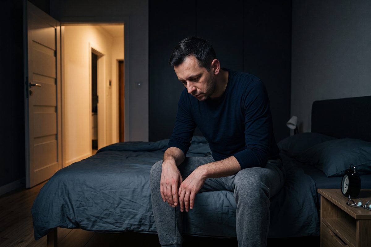Bezsenność po rozwodzie – zmęczony mężczyzna siedzi nocą na skraju łóżka ze spuszczoną głową, obok budzik na szafce