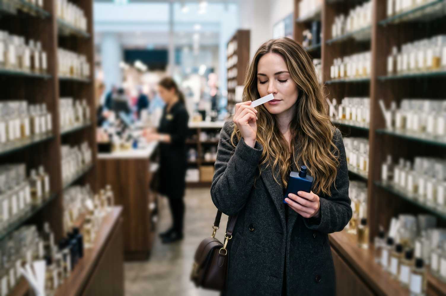 Kobieta wącha perfumy byłego partnera w perfumerii Błędy po rozstaniu – kobieta w ciemnym płaszczu z zamkniętymi oczami wącha pasek z perfumami byłego partnera w perfumerii