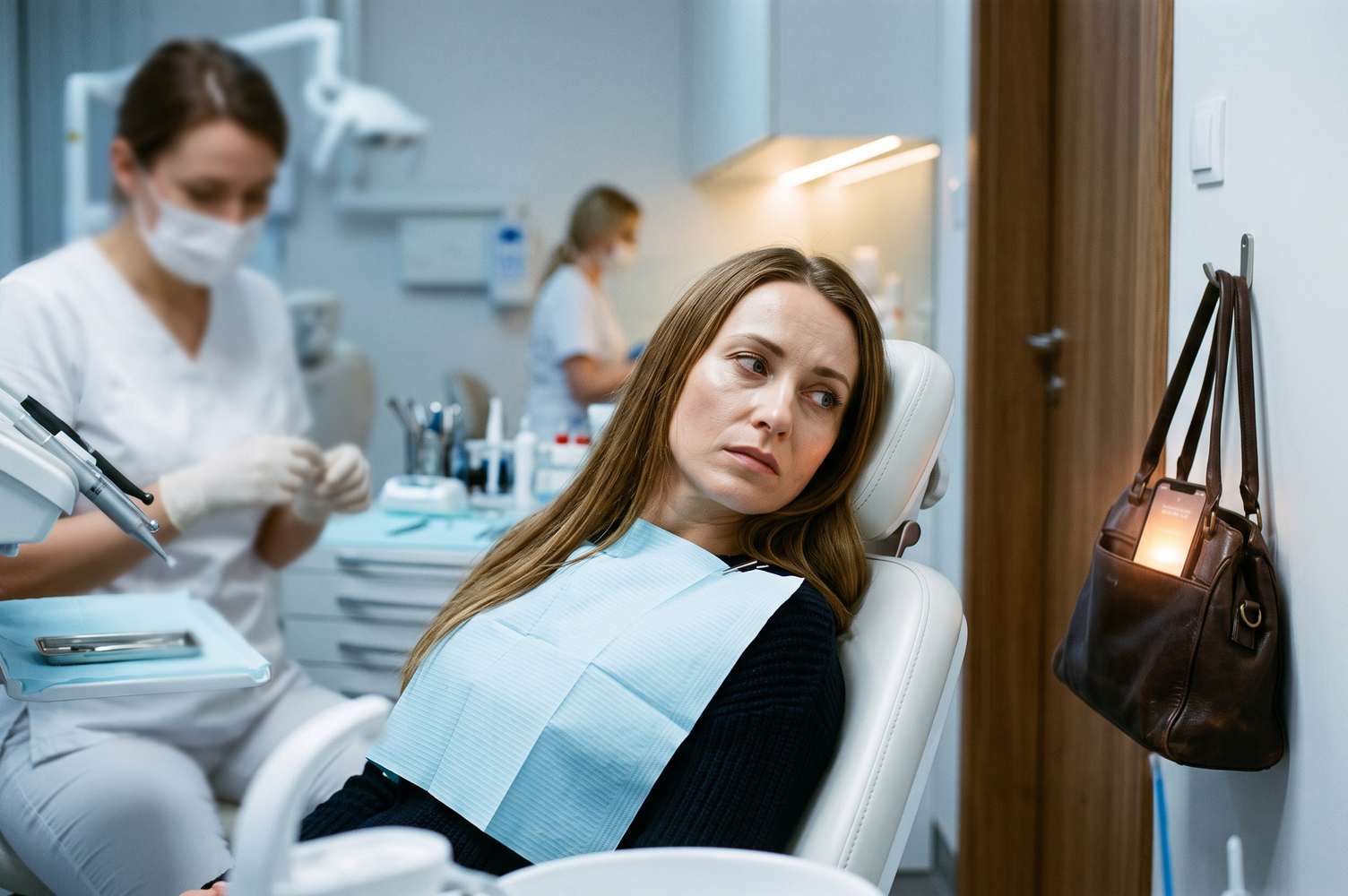 Były partner ciągle dzwoni i pisze – kobieta na fotelu dentystycznym z niepokojem patrzy na świecący telefon w torebce