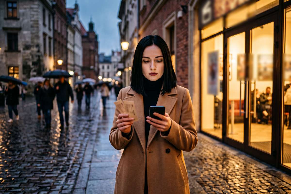 Ghosting – kobieta stoi przed kinem z jednym biletem w dłoni, czekając na kogoś, kto nie przyszedł