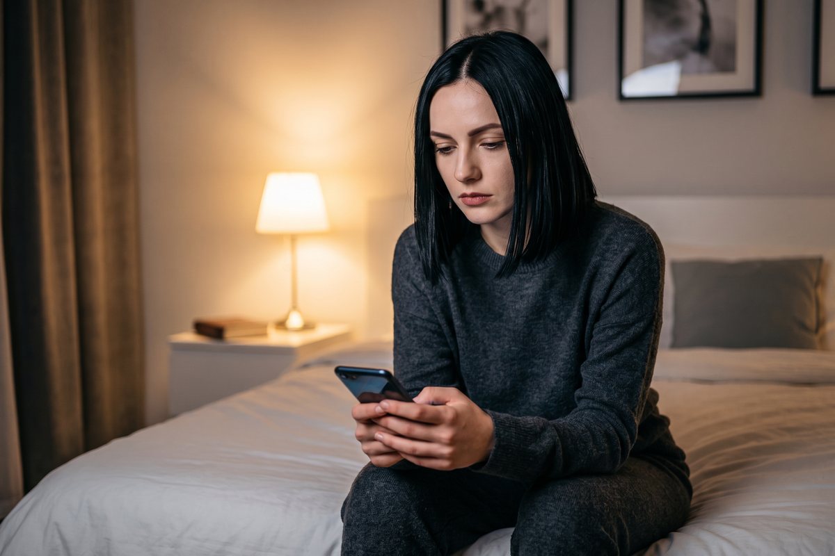 Ghosting – kobieta nocą siedzi na brzegu łóżka i patrzy w telefon, czekając na odpowiedź