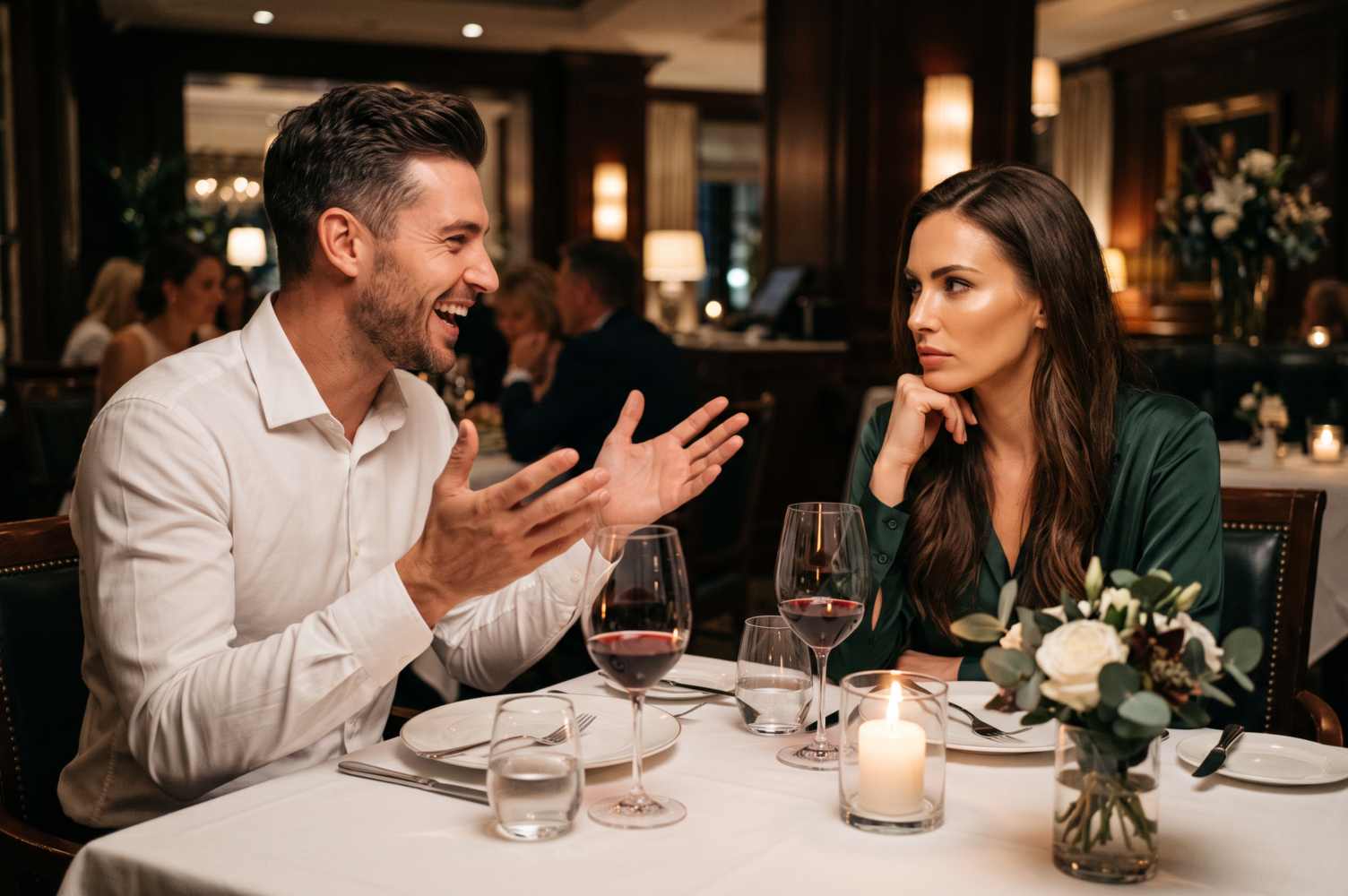 Ick w związku – mężczyzna śmieje się i gestykuluje w restauracji, a kobieta patrzy na niego chłodno