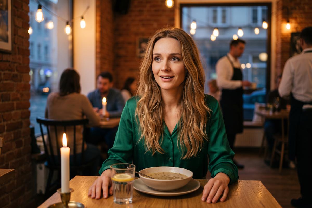Jak być sam ze sobą – kobieta je zupę przy stoliku dla jednej osoby w przytulnym bistro