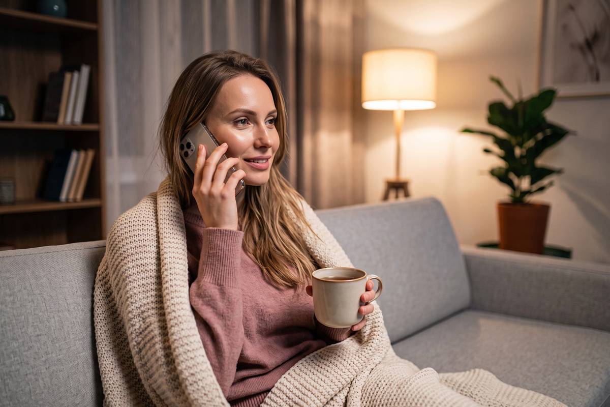 Jak poradzić sobie po rozstaniu – uśmiechnięta kobieta owinięta kocem rozmawia przez telefon z bliską osobą, w dłoni kubek herbaty