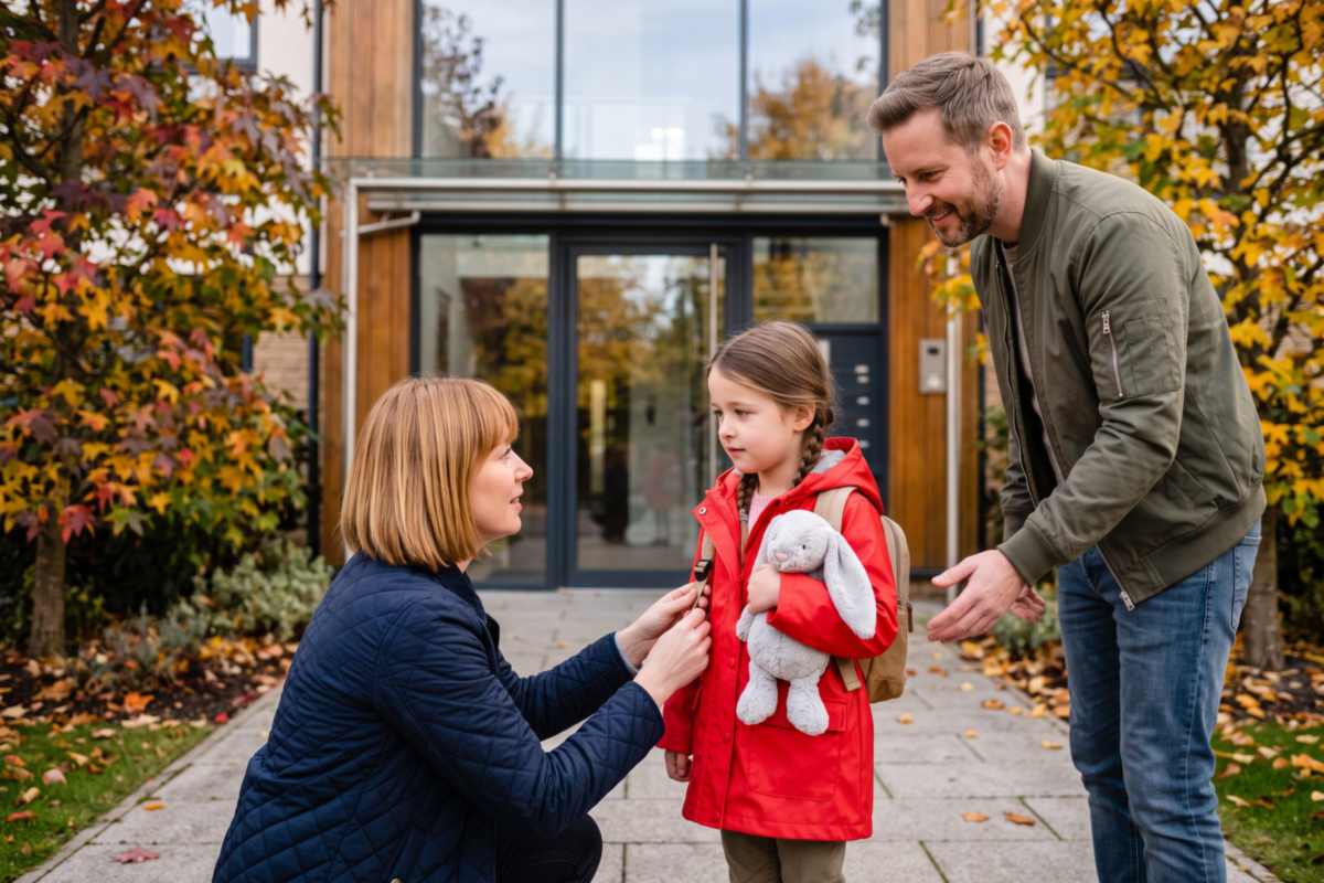 Jak powiedzieć dziecku o rozwodzie – mama poprawia córce plecak, a tata czeka przed blokiem na spokojne przekazanie