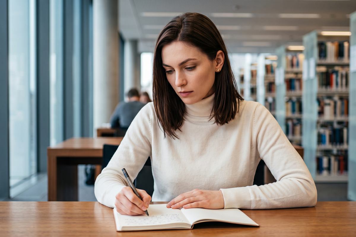 Jak przestać rozpamiętywać – kobieta w bibliotece dopisuje powracającą myśl do końca w notesie