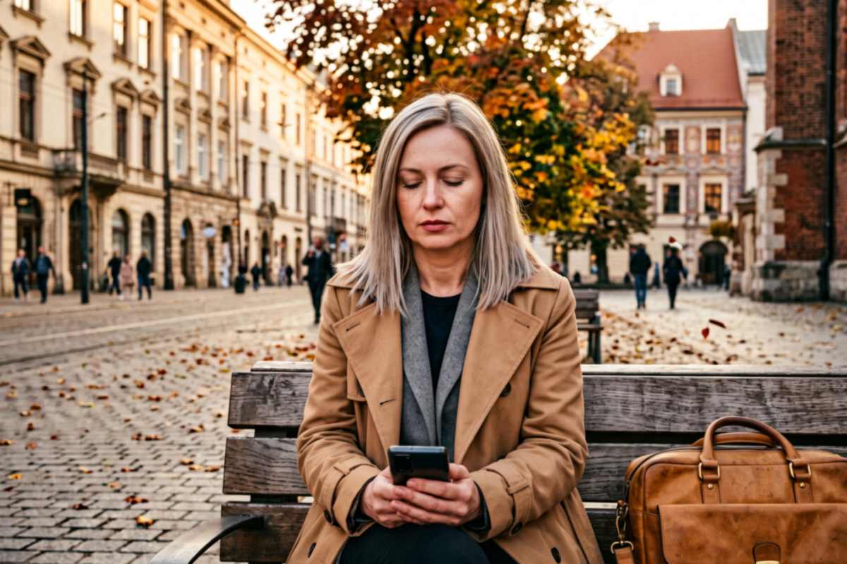 Jak wybaczyć sobie – kobieta na ławce przed sądem zbiera się na odwagę, by wysłać przeprosiny byłemu partnerowi