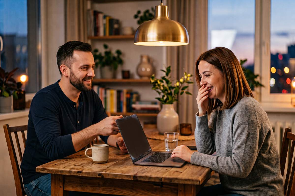 Lęk przed odrzuceniem – kobieta śmieje się z ulgą przy stole, gdy partner pokazuje jej na laptopie, że chodzi tylko o kanapę