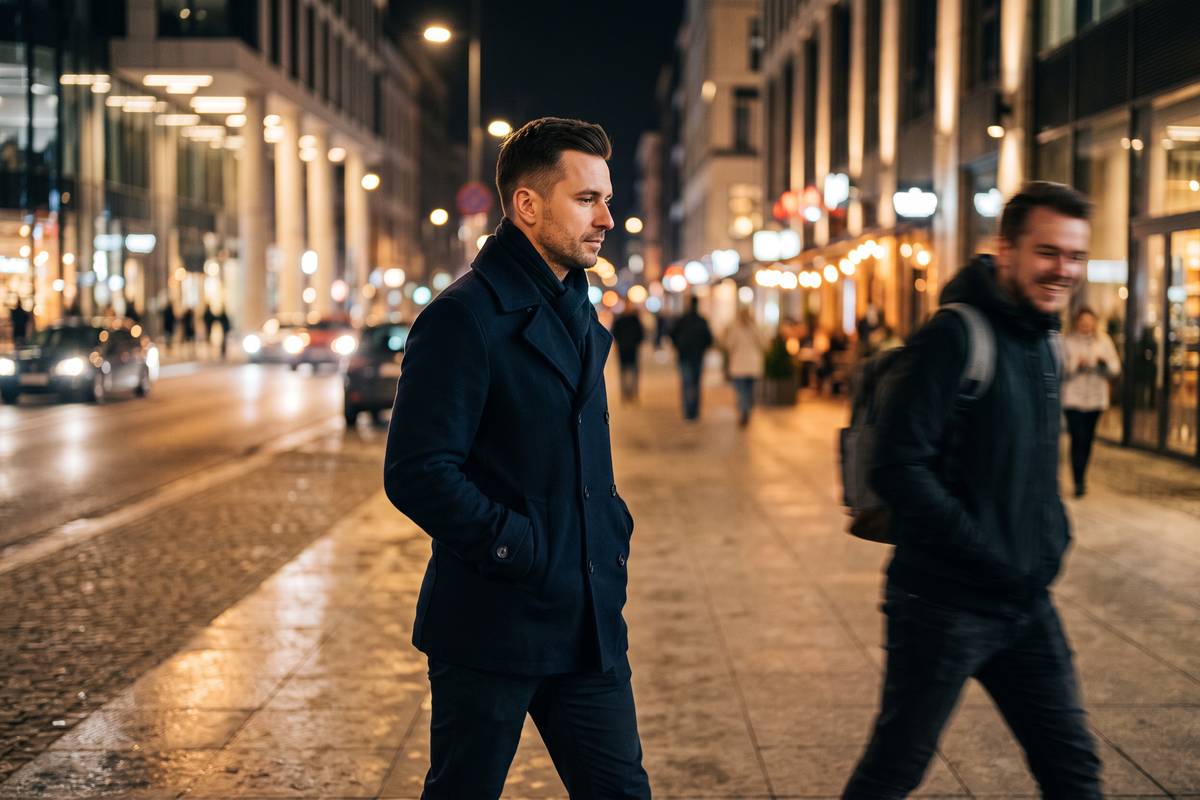No contact po rozstaniu – zamyślony mężczyzna w granatowym płaszczu wraca nocą przez miasto z kolegą, telefon w kieszeni