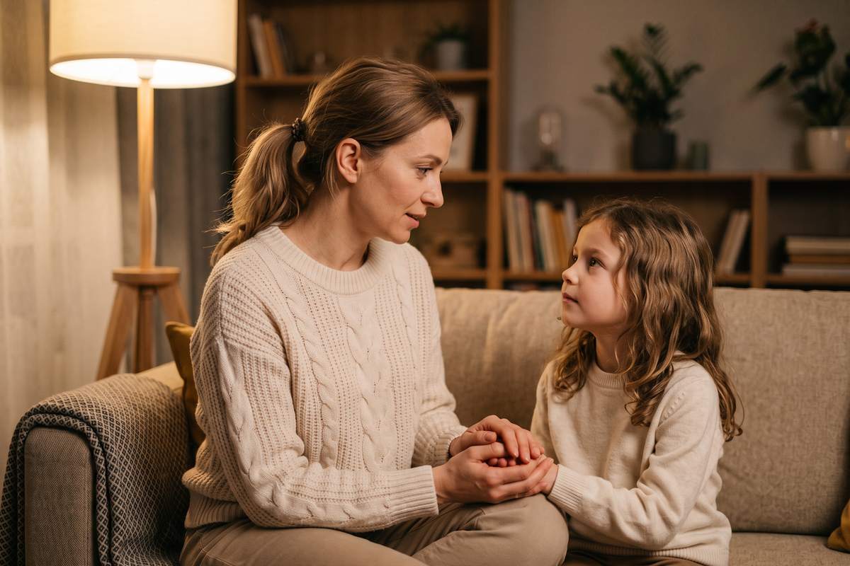 Mama rozmawia z córką o rozwodzie Pierwsze dni po rozwodzie – mama spokojnie rozmawia z córką na kanapie, trzymając ją za ręce