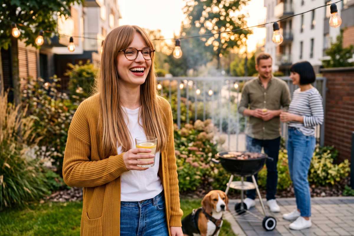 Przyjaźń z byłym partnerem – uśmiechnięta kobieta na grillu u byłego partnera i jego nowej dziewczyny