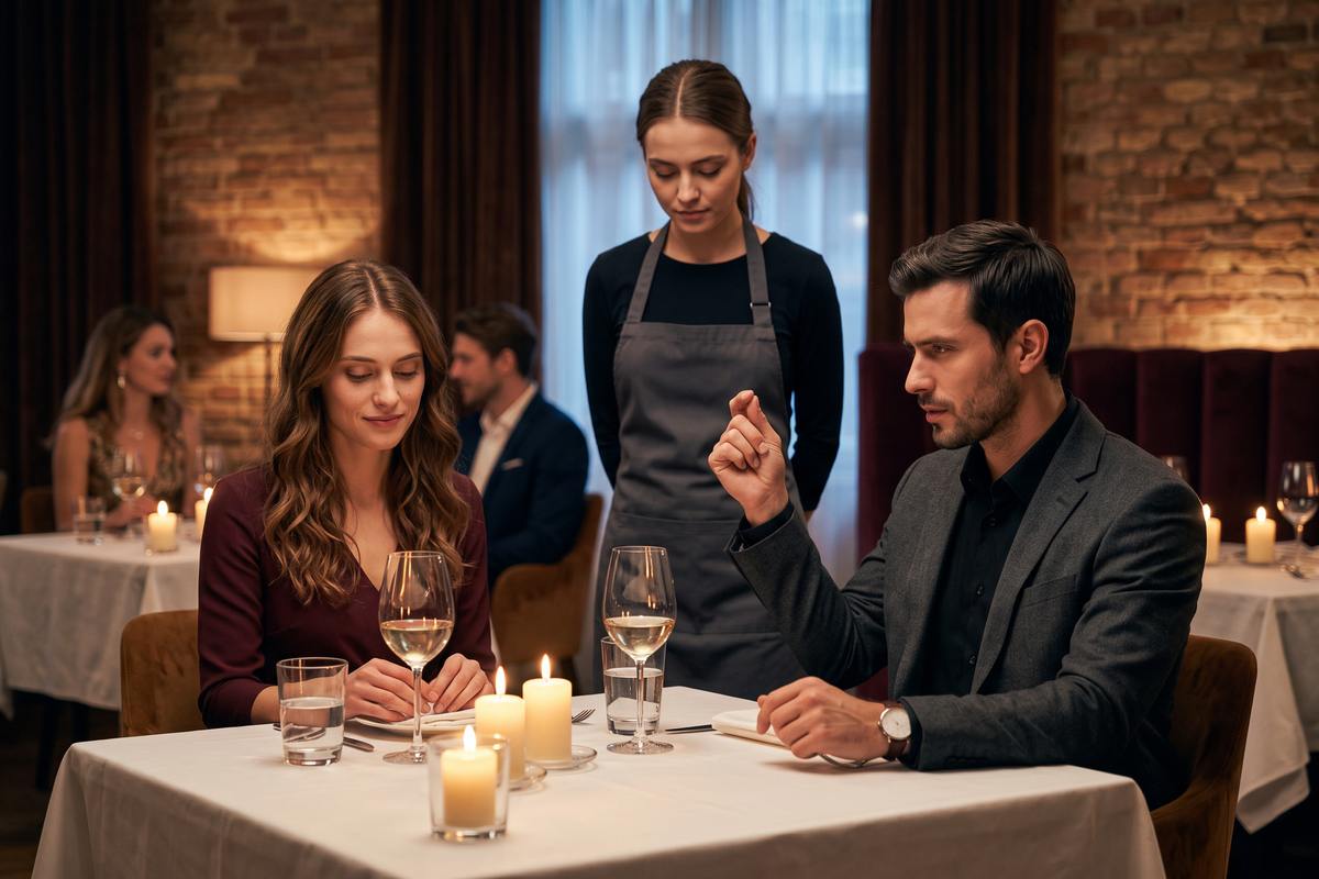 Red flagi w związku – partner pstrykający palcami na kelnerkę podczas kolacji w restauracji