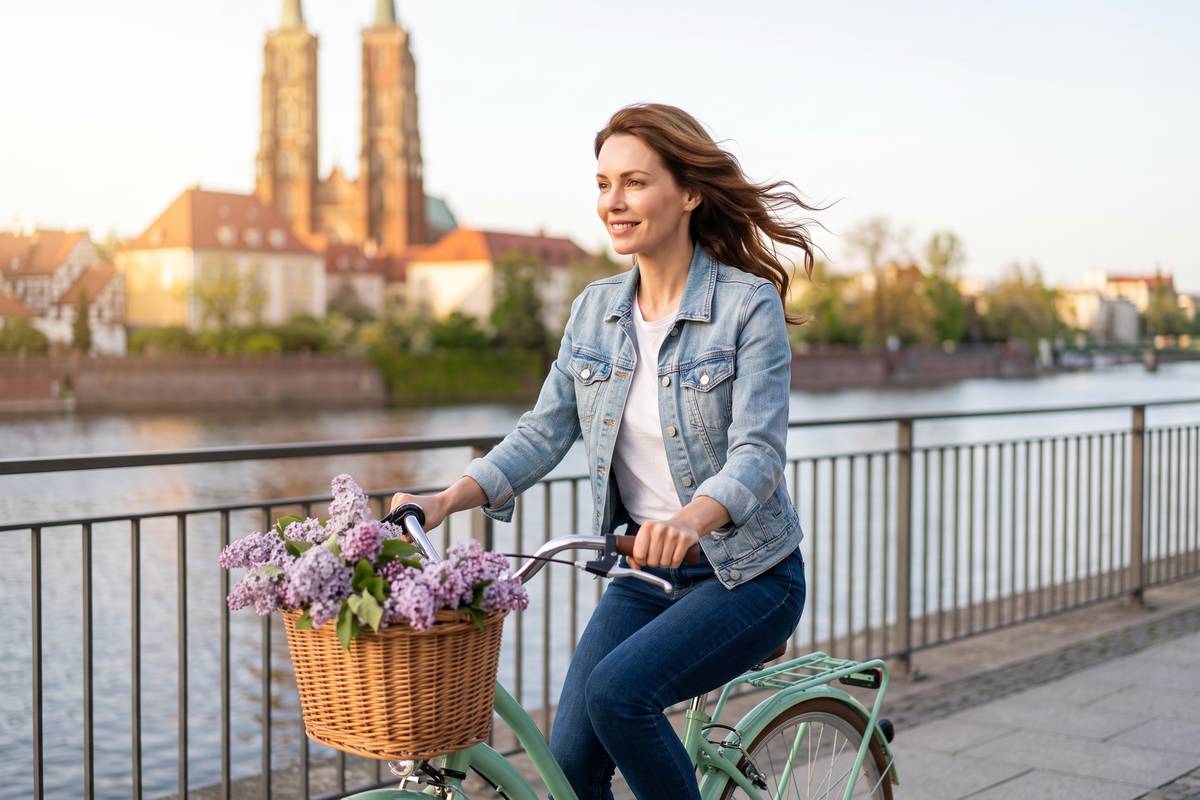 Kobieta jedzie rowerem nad Odrą Żal za straconym czasem – uśmiechnięta kobieta w dżinsowej kurtce jedzie rowerem z bzem w koszyku wzdłuż Odry we Wrocławiu