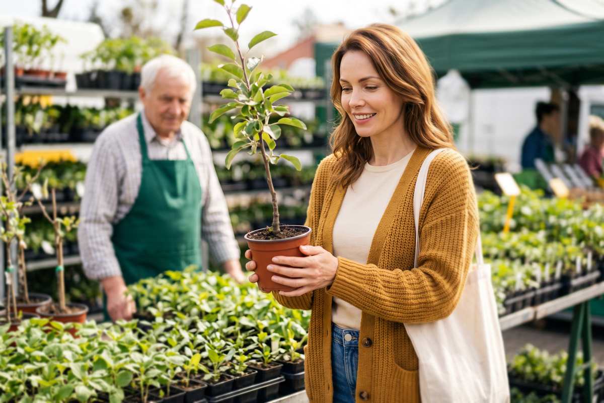 Kobieta kupuje sadzonkę jabłoni Żal za straconym czasem – kobieta w musztardowym kardiganie trzyma w doniczce sadzonkę jabłoni na targu ogrodniczym
